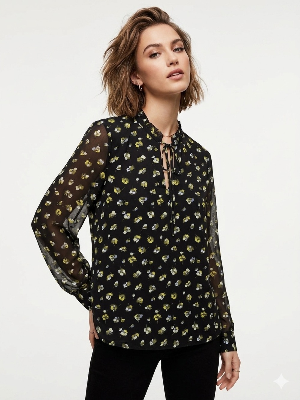 Banana Republic Floral Ruffle Tie-Neck Blouse Size XL Sheer Office Spring